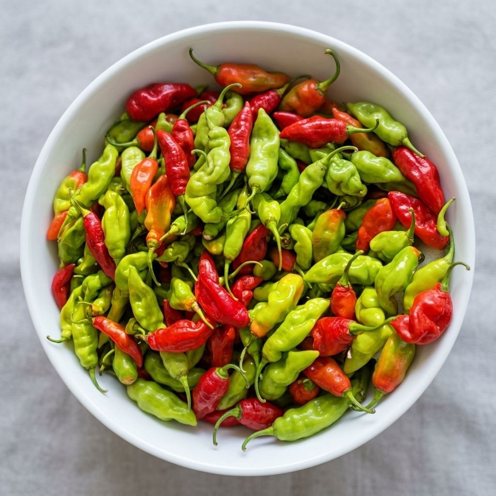 Hand-picked mix of seasoning peppers in green, orange, and red stages of ripeness