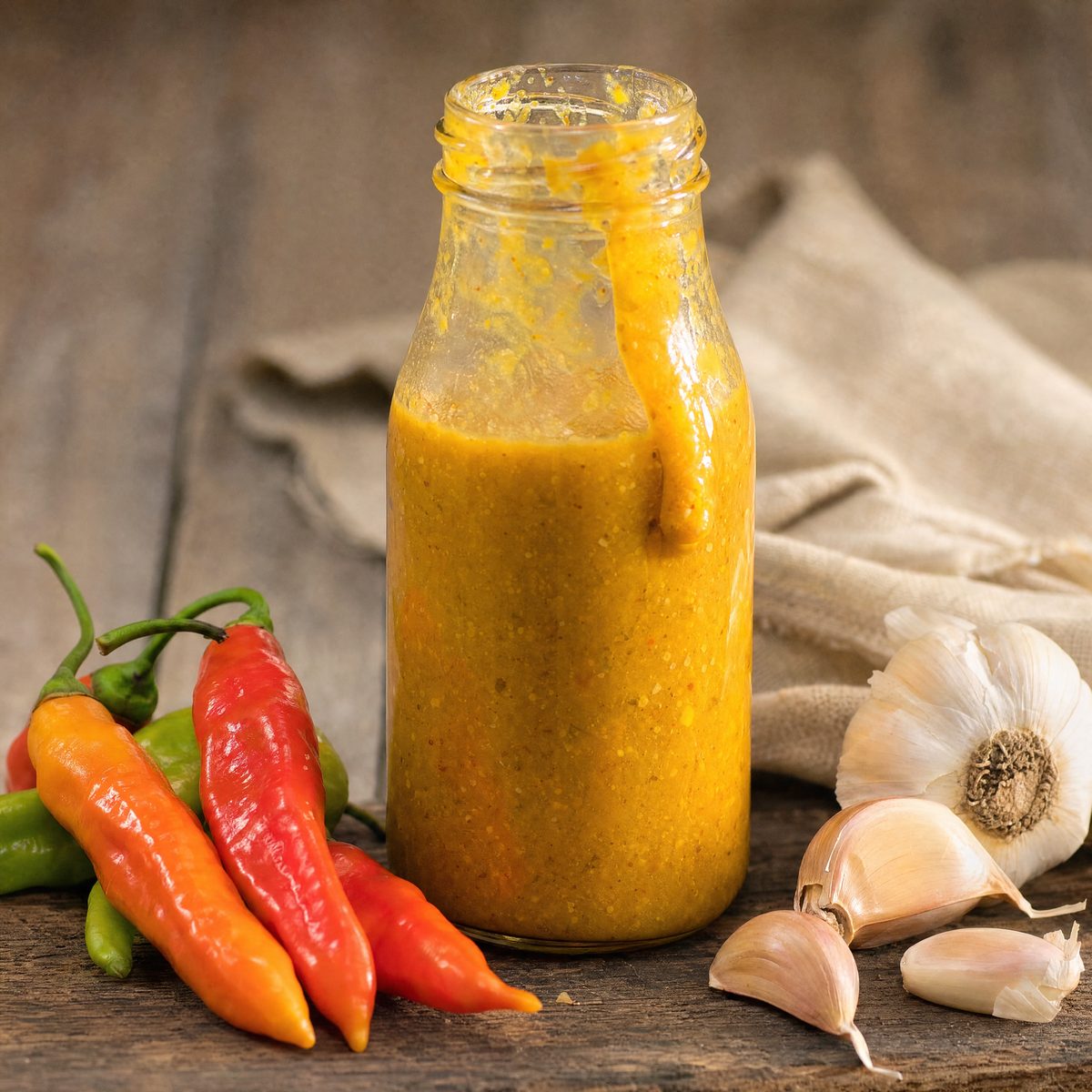 A glass bottle of thick, golden-orange Trinidad pepper sauce dripping down one side, with fresh red, orange and green pimento peppers and a head of garlic beside it on a rustic wooden surface.