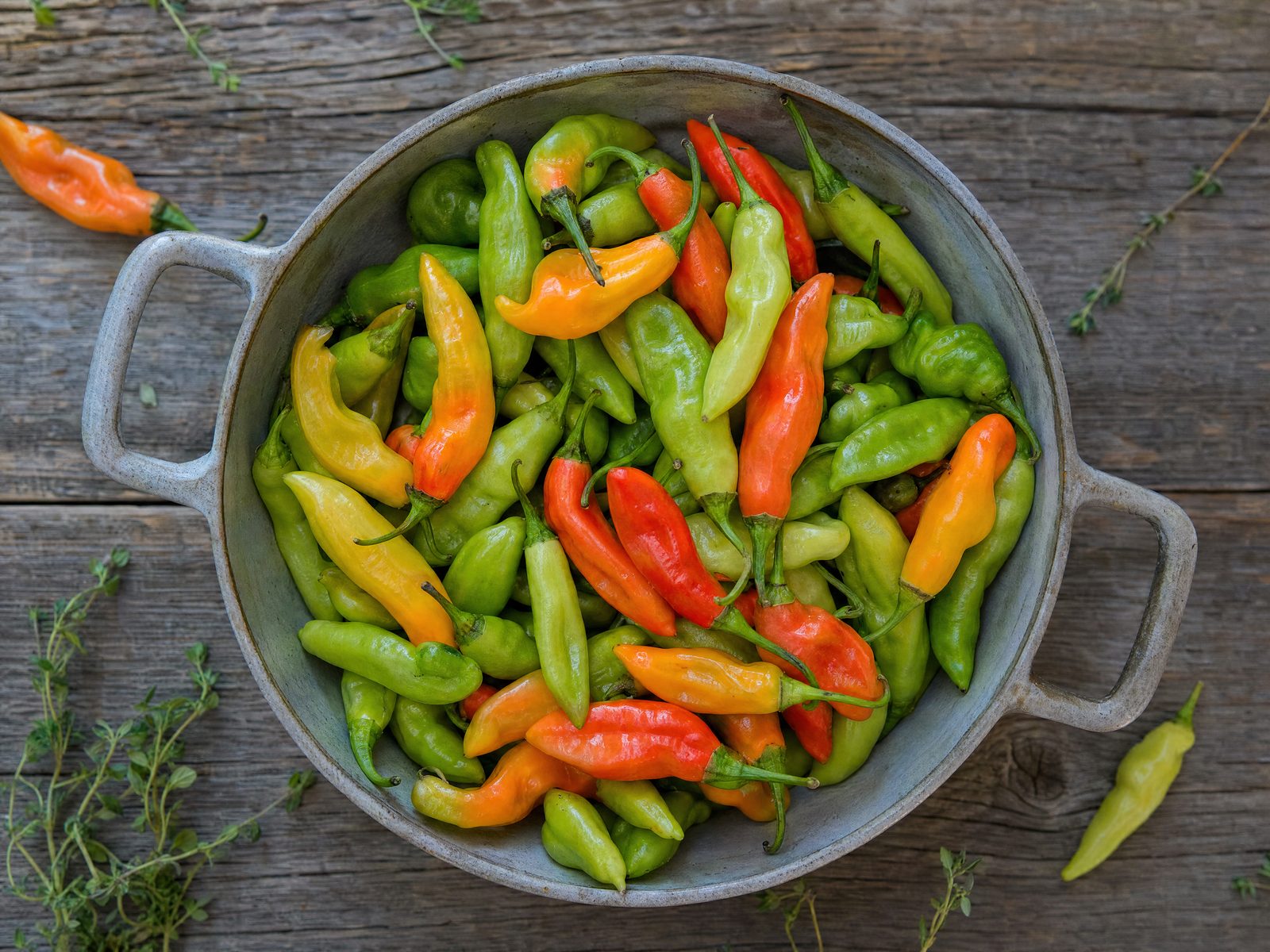 An overhead view of a grey ceramic bowl heaped with fresh Trinidad pimento seasoning peppers in shades of green, yellow, orange and red, on weathered grey barnwood scattered with sprigs of fresh thyme.